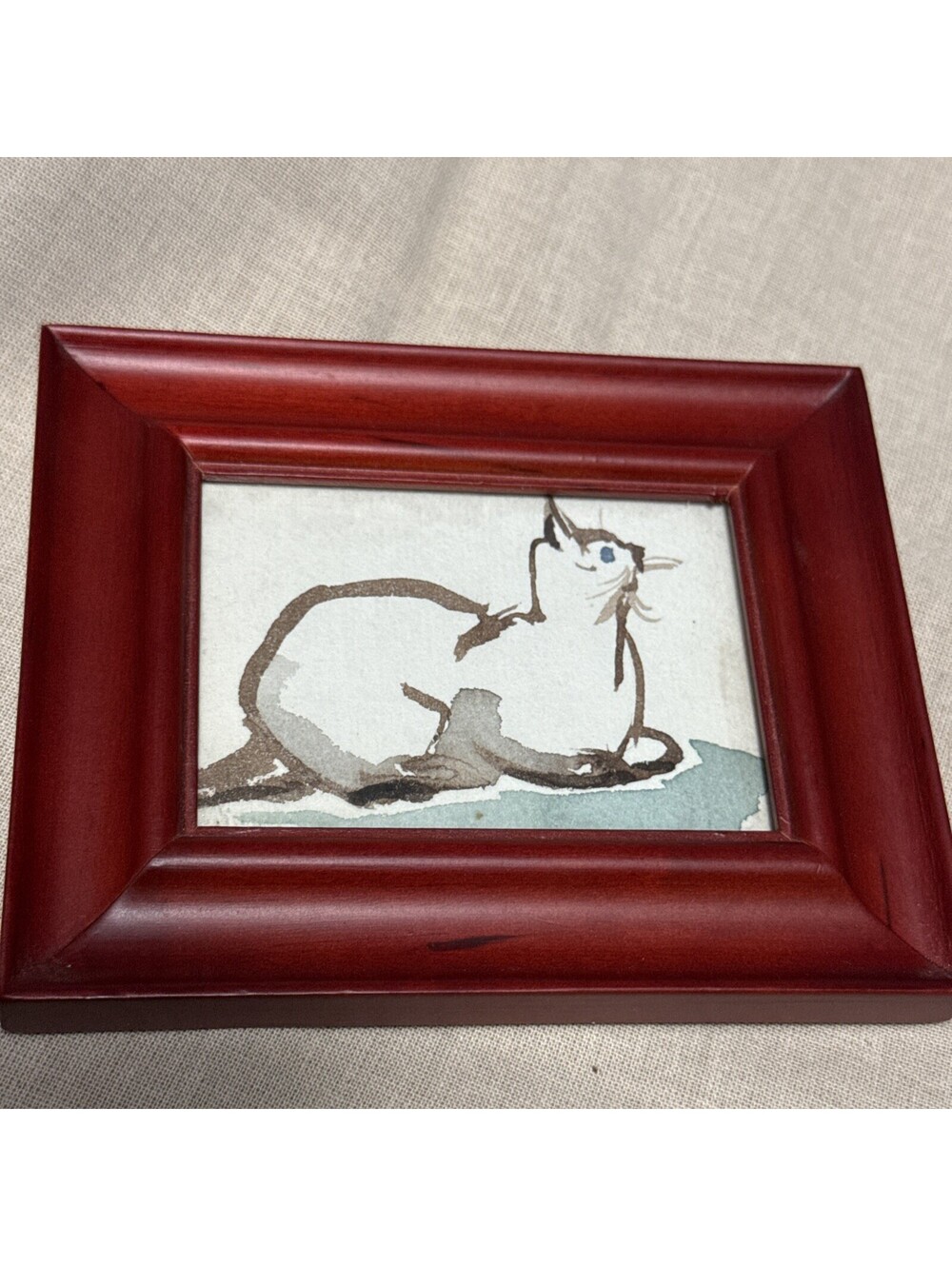 framed vintage watercolor cat painting original Miniature Cute Minimalist Ooak